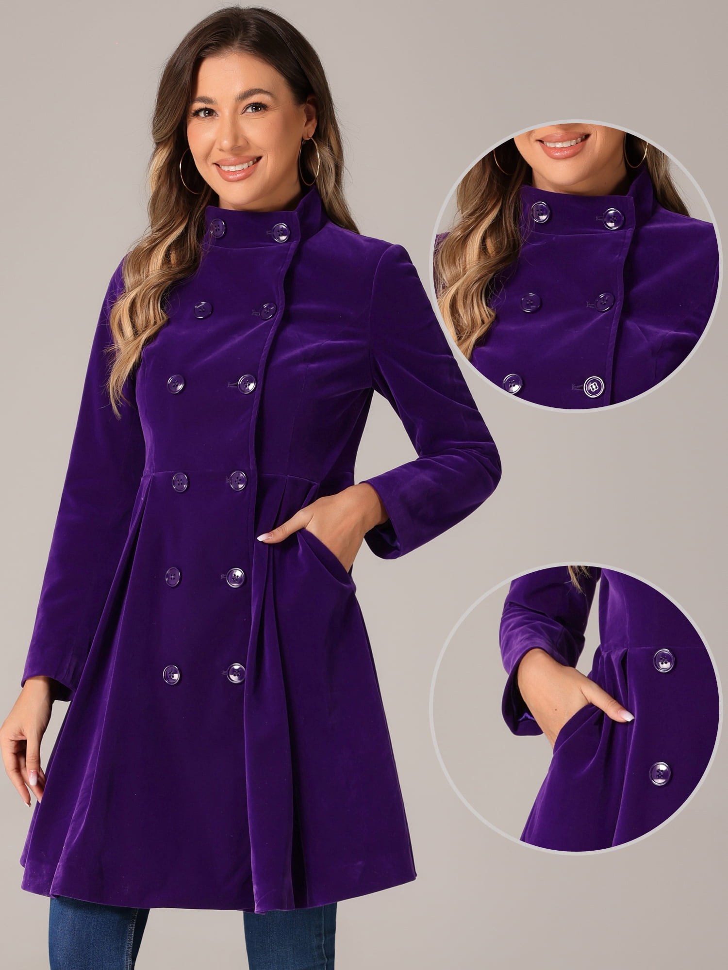 DARING DIVA Velvet A-Line Stand Collar Double Breasted Trench Coats XS Dark Purple