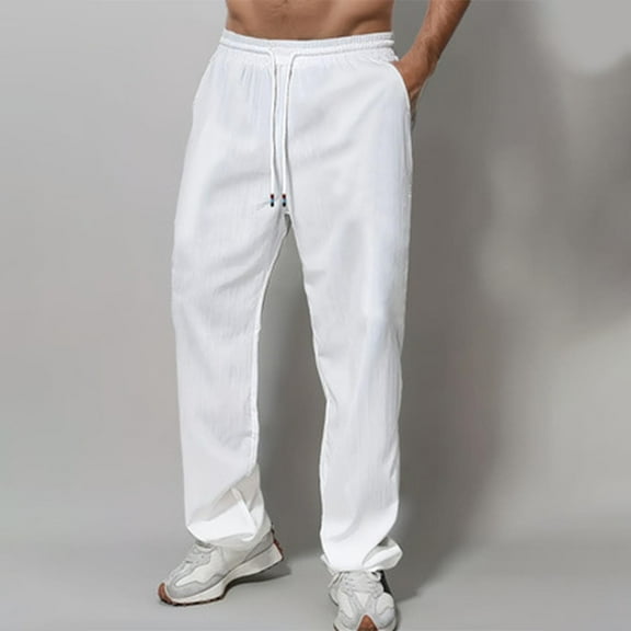 PiGOGI Men's Elastic Waist Casual Pants - Breathable Comfortable Soft Beach Trousers Full Length Pants for All Seasons Wear White XL