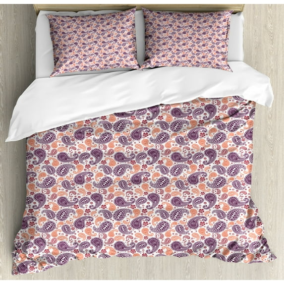 Purple Paisley Duvet Cover Set Queen Size, Retro Pattern with Oriental Ornaments Sweet Flowers, Decorative 3 Piece Bedding Set with 2 Pillow Shams, Plum Burnt Sienna Pale Maroon White, by Ambesonne