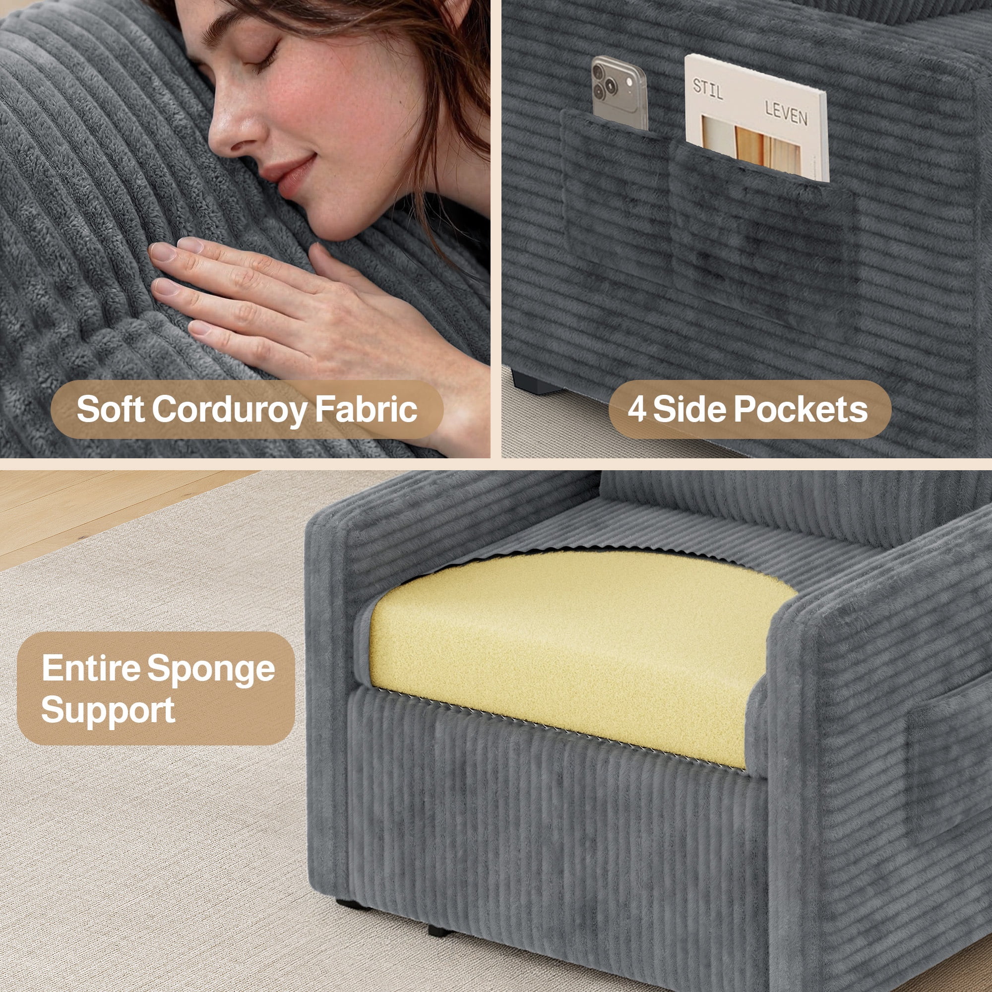 Noelse 3-in-1 Sleeper Chair Bed, Convertible Sofa Bed with Pull-Out Recliner, Corduroy Fabric Accent Chair, Dark Gray