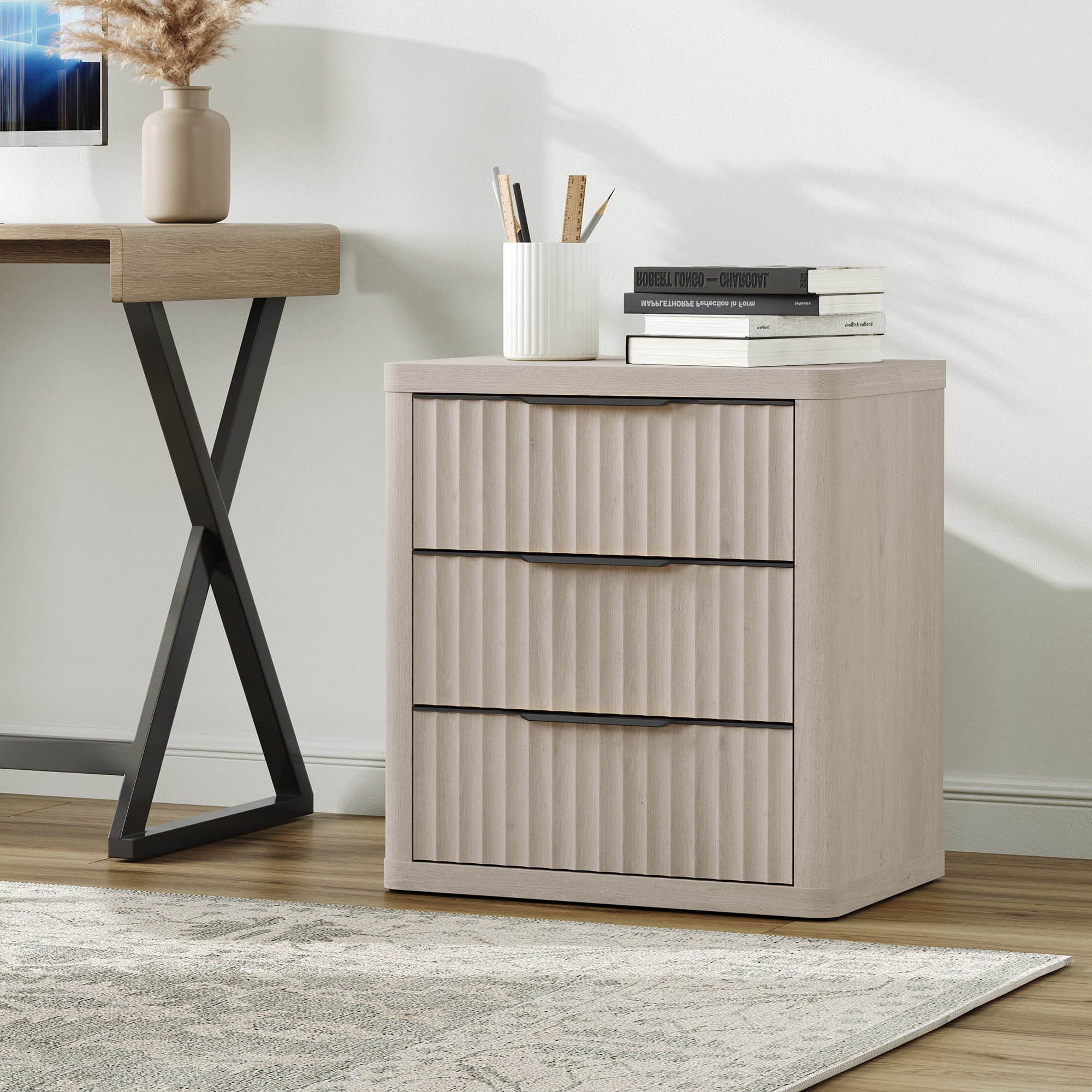 SICOTAS 23”W Farmhouse Nightstands with 3 Fluted Drawers & Black Handles, Wood Bedside Table for Bedroom, End Table for Living Room in Light Grey Alder