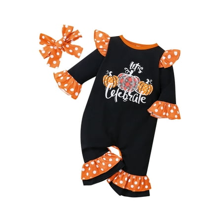 

Binwwede Newborn Baby Girls Casual Romper Long Sleeve Round Neck Pumpkin Printed Dot Ruffle Jumpsuit+Headband