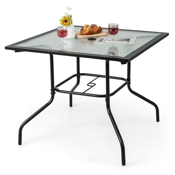 Gymax 35'' Patio Dining Table Square Outdoor Dining Table w/ Tempered Glass Tabletop Black