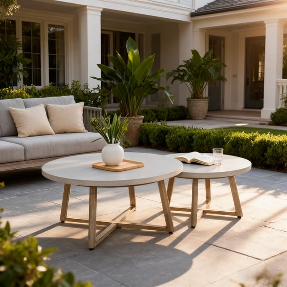 Outdoor 2 Piece Patio Tables Aluminum Nesting Coffee Tables With Concrete Tabletop