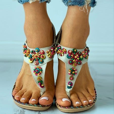 

Back to College Tejiojio Clearance Sandals Women Flat Slippers Open Toe Beaded Comfy Beach Roman Shoes Flip Flop