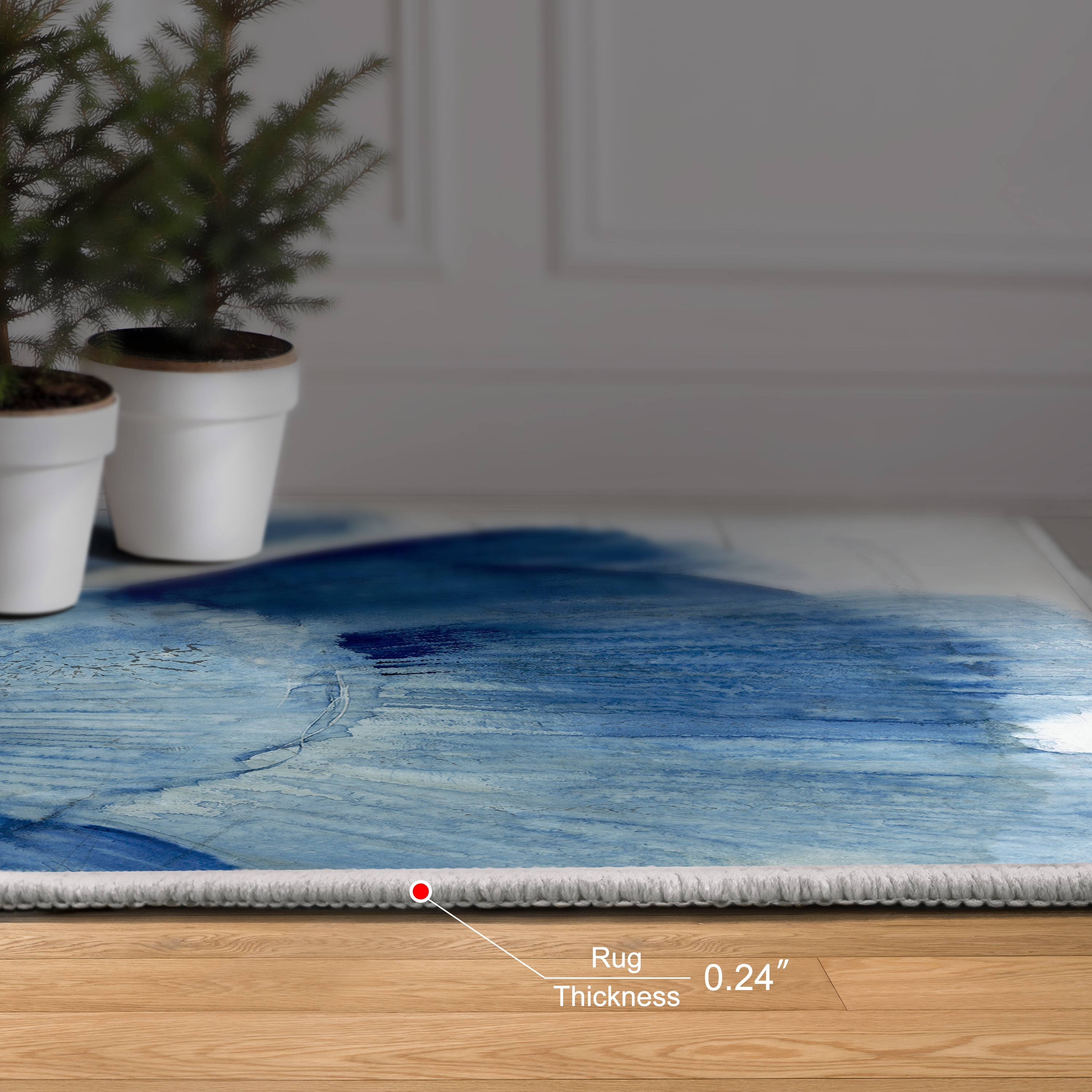 Inky Flower II Washable Blue Art Area Rug size 8'x10', Power-loomed, Heavenly Softness with Non-Slipping Backing
