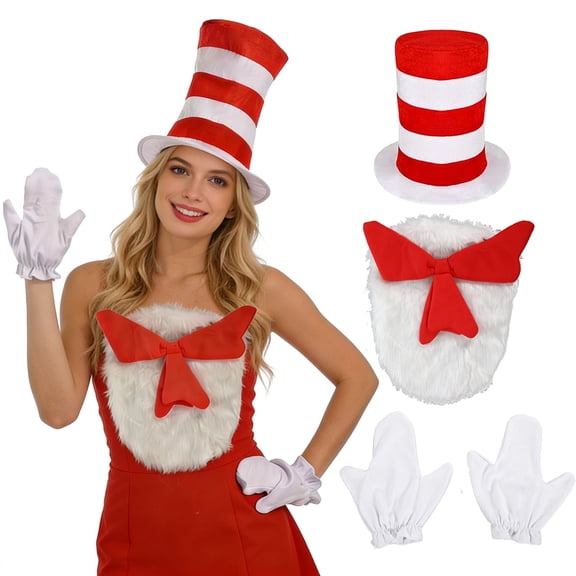 3Pcs Cat Hat Costume Accessories Set for Adults, Red White Striped Top Hat with Furry Bowtie and Gloves, Fun Dress Up Set for Men Women, World Book Day Halloween Party