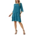 thumbnail image 1 of Vestido de gasa para mujer Inspire Chic con volantes, de capas, fluido, de manga 3/4, corte A, hasta la rodilla, color verde pavo real, talla XL, 1 of 6