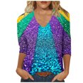 thumbnail image 2 of Cavosen Mardi Gras Womens T Shirts 3/4 Sleeve Carnival Shiny Color Block Blouse V Neck Party Festival Tops Loose Fashion Holiday Shirts Dressy Party Funny T-Shirt Purple S, 2 of 5