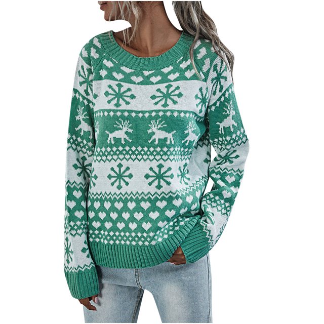 IROINID Chandail à Col Rond pour Femmes, Imprimés Graphiques, Confortable, Mi-Long, Manches Longues, Tendance, Flocon de Neige, Tricoté
