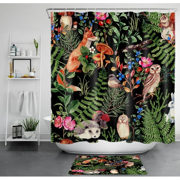 HVEST Jungle Animal Shower Curtain Decor, Forest Animal Fox Squirrel Owl and Wild Plant Green Leaf Flower Mushroom Shower Curtain Bathroom Polyester Fabric Decor Curtain with Hooks, 72X72 inch