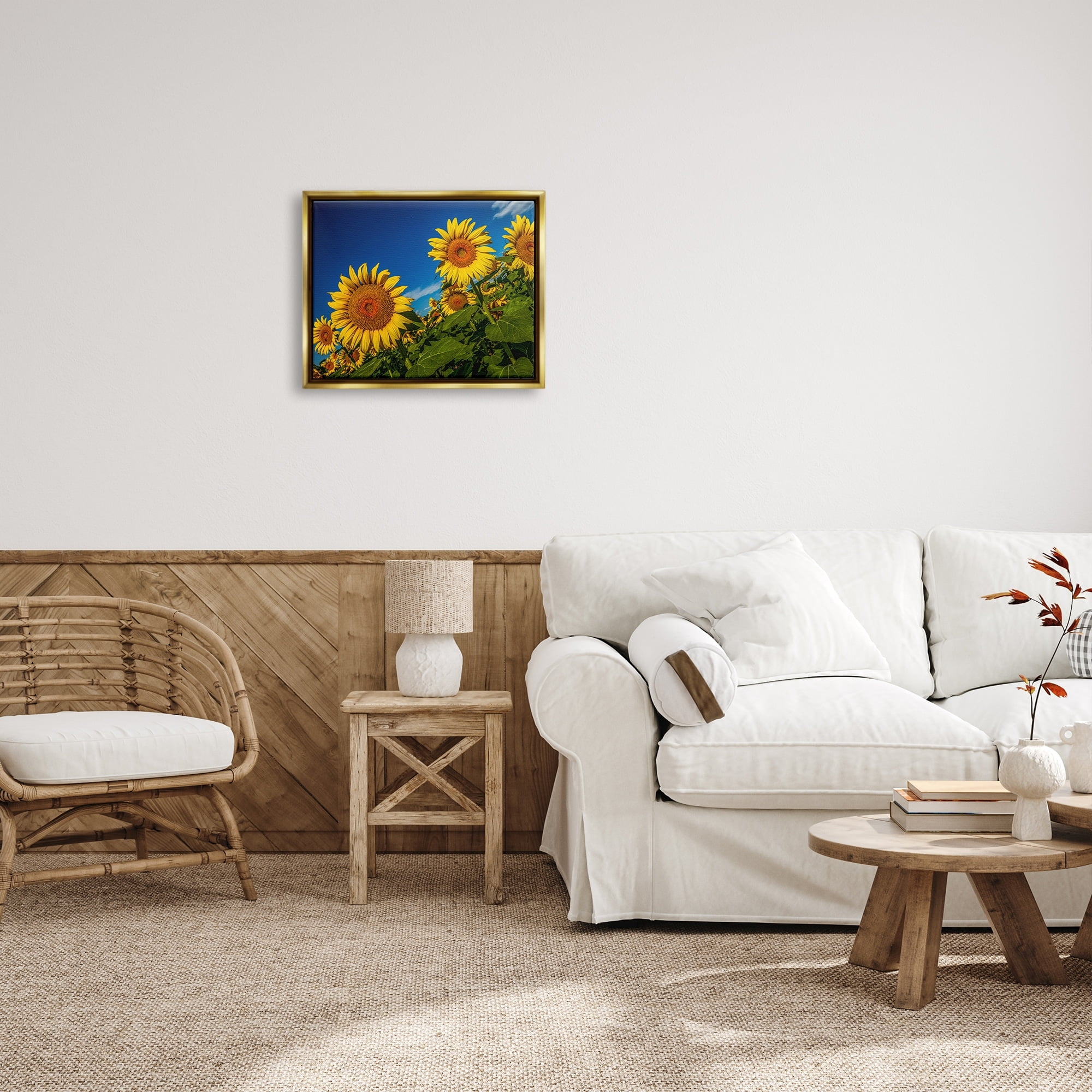Stupell Industries Gorgeous Sunflower Field Summery Blue Clouds Sky Photograph Metallic Gold Floating Framed Canvas Print Wall Art, Design by Steve Smith