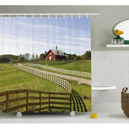 Country Bathroom Sets Farm House Decor Shower Curtain, Long Photo of Flowing Fence of Country House in Rural Grassland Ranch Pastoral, Fabric Bathroom Set with Hooks, 69W X 70L Inches, Multi, by Ambesonne ()
