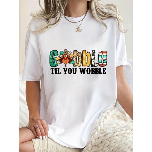 Camiseta para mujer con Cuello de verano1pc Women'S Casual Round Neck Short Sleeve T-Shirt with Creative "Gobble Til You Wobble" Turkey Print, Polyester Knit Fabric, Animal Pattern, Comfortable All-