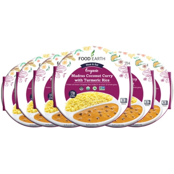 Food Earth - Organic Madras Coconut Curry with Turmeric Rice Ready to Eat Indian Meal , 100% Organic, Vegan, Gluten-Free, Heat & Serve,10.58 oz, 6 units Shelf Stable