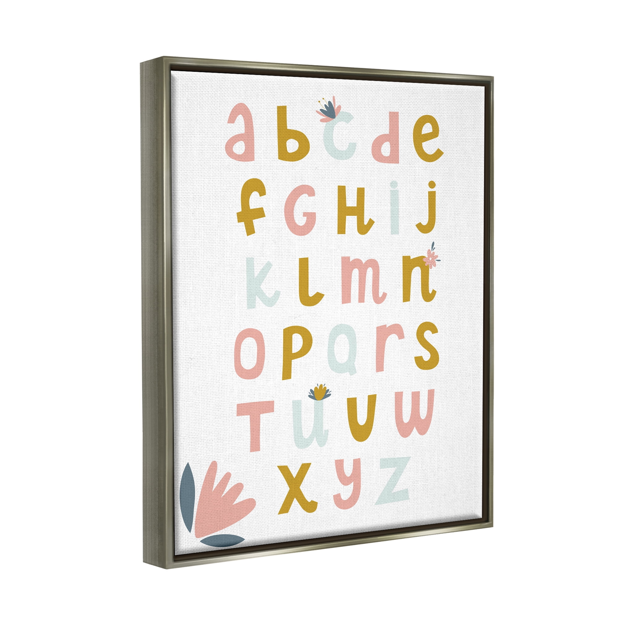 Stupell Industries Muted Tones Floral Alphabet Typography Painting Gray Floater Framed Canvas Art Print Wall Art, 25 x 31