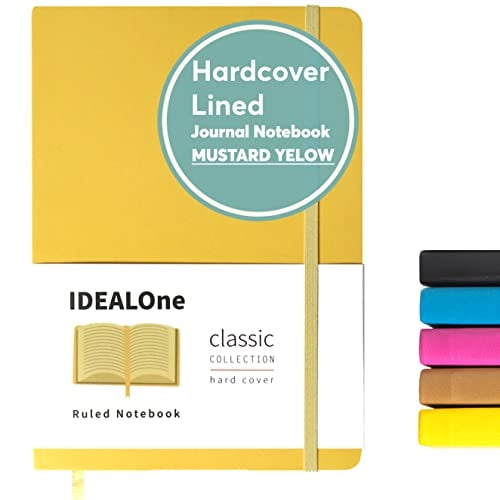 Cuaderno tapa dura IDEALOne rayado - Trabajo, hogar, escuela, 5.7 x 8 pulg., 160 pág., 100GSM, cierre banda elástica, marcador cinta, amarillo