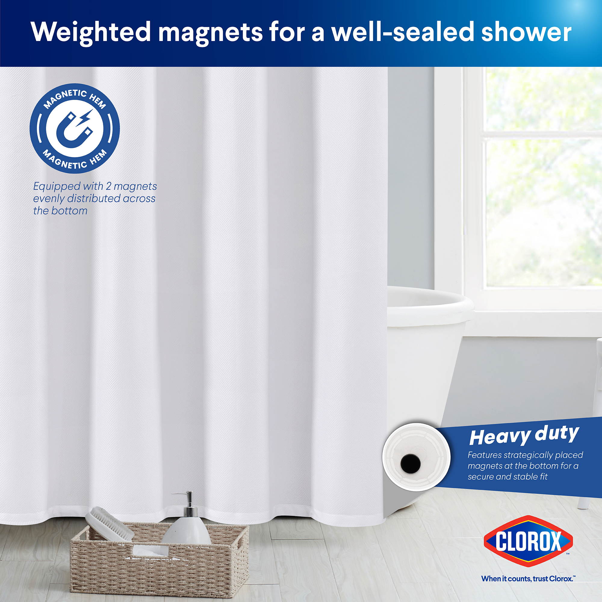 Clorox Waterproof Fabric Shower Curtain, White Pinstripe, 72x72 photo 7