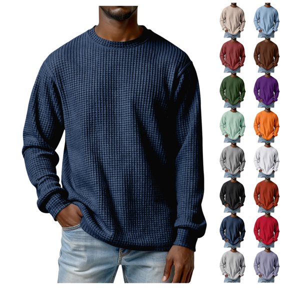 Mens Waffle Long Sleeve Shirt Loose Fit Crewneck Long Sleeve Thermal Shirts Casual Lightweight Comfort Tops
