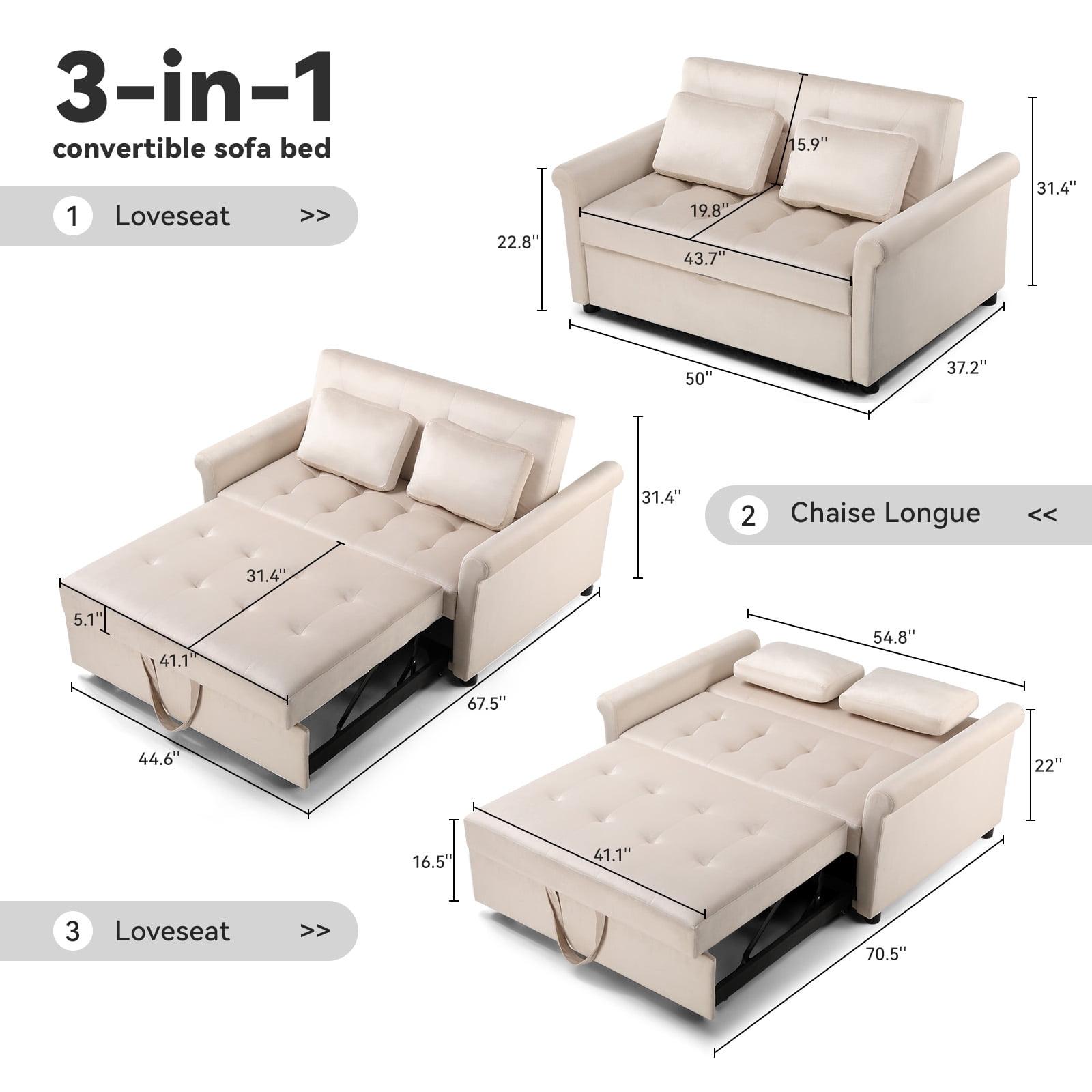 COMHOMA Convertible Sofa Bed 55'', 3-in-1 Sleeper Sofa with Pull-Out Bed, Futon Sofa with Reclining Backrest and 2 Pillows, Loveseat Sleeper Couche for Living Room, White