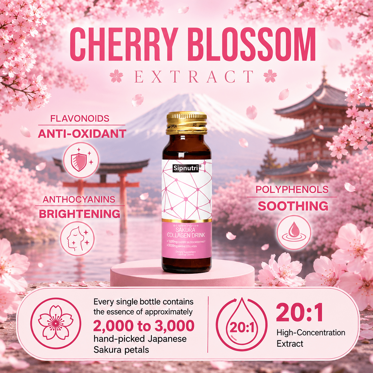 Sipnutri Japanese Sakura Glowing Skin Collagen Drink - with Cherry Blossom & Mangosteen Extract, Support Skin Radiance, Hydration & Elasticiy, Daily Antioxidant Support –1.69 fl oz x10