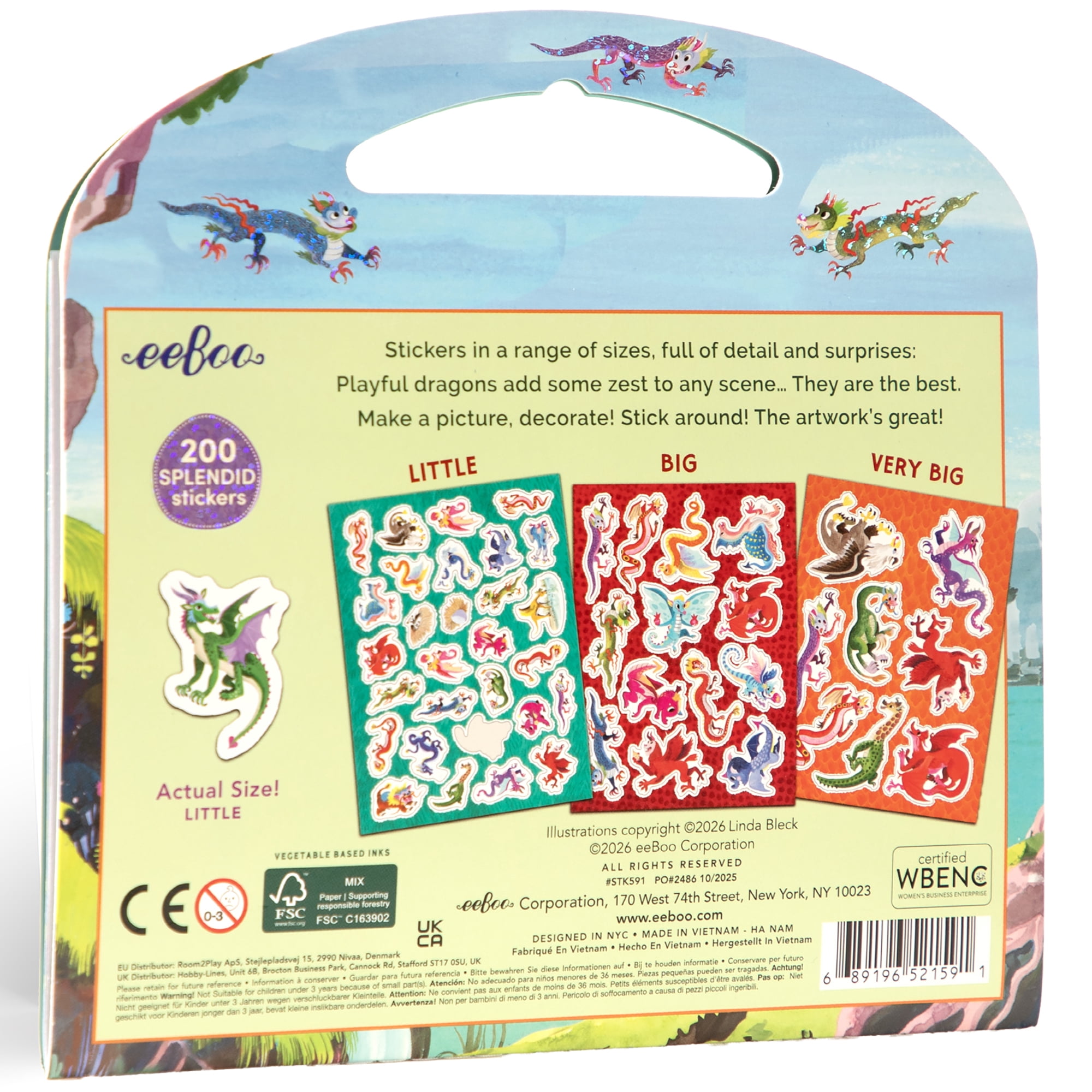 eeBoo: Dragon Shiny Sticker Book - 200+ Sparkling Fantasy Stickers, 3 Sizes: Little-Big-Very Big, Carry Handle, Various Mythical Versions, Kids 3+