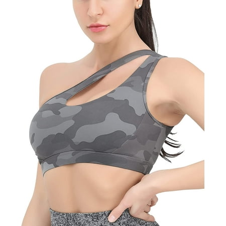 

QWZNDZGR One Shoulder Sports Bra Removable Padded Yoga Top Post-Surgery Wirefree Sexy Cute Medium Support