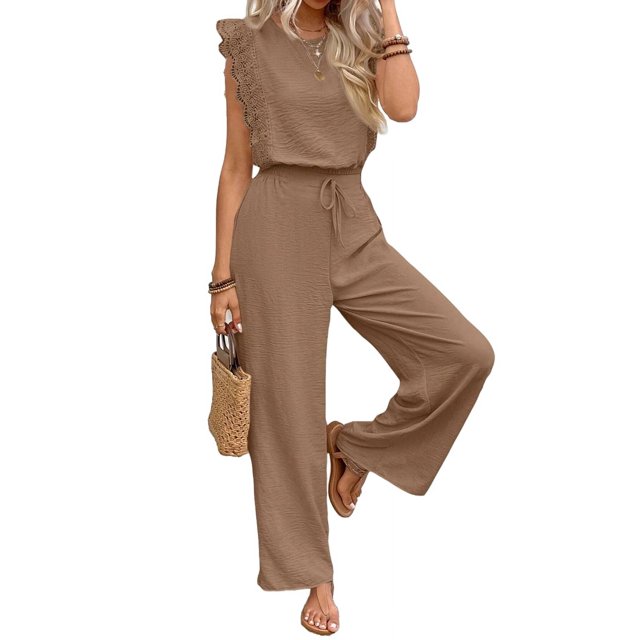 Jumpsuits for Women Summer Ruffle Sleeves Square Neck Rompers Drawstring Overalls with Pockets Khaki XL