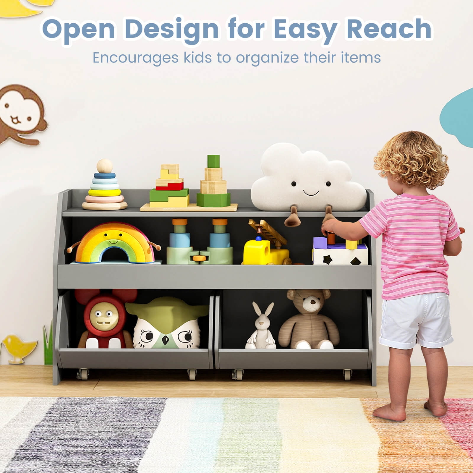 Costway Kids Toy Storage Organizer with 2 Movable Drawers Open Shelf Compartment for Kids Gray