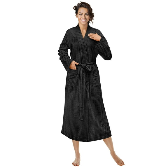 PAVILIA Black Women Waffle Knit Kimono Robe, Soft Cozy Breathable Lightweight Bathrobe with Side Pockets, Shower Spa House Long Robe for Women, S/M