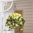 thumbnail image 2 of Fully Assembled Artificial Geranium Hanging Basket, 10” Diameter and 18” Chain – Yellow Polyester/Plastic Flowers in Metal and Coco Fiber Liner Basket for Indoor/Outdoor Use, Set of 2, 2 of 3