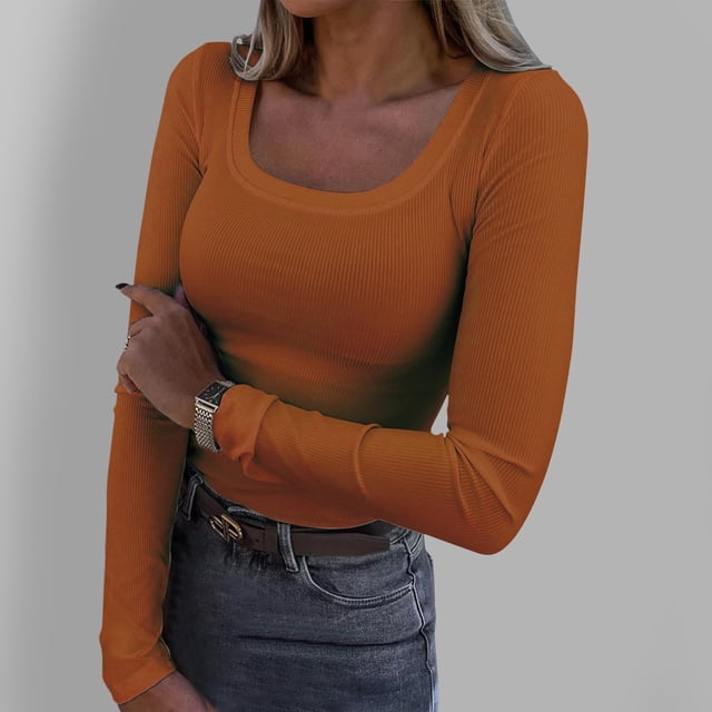TINZ Chandails à Manches Longues pour Femmes Col Carré Coupe Ajustée Hauts Basiques Décontractés sous-Chandails Thermiques Côtelés T-Shirt à Manches Longues Femmes T-Shirts de Course Femmes Femmes Randonnée