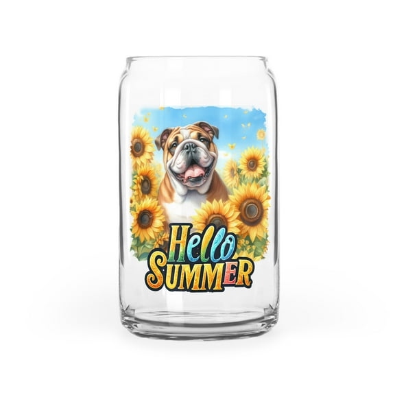 Bulldog Hello Summer Sunshine Sunflowers Spring Retro Vintage 16oz Glass Cup Mug Dog Lover Gifts Idea Glass Can - 00008