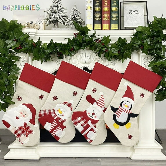 BadPiggies Christmas Stockings Hanging Ornament, 18.5" Large Size Santa Snowman Deer Penguin Non-woven Xmas Character Fireplace Stockings Decorations (Penguin)