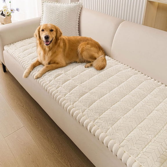Non Slip Couch Covers for Dogs, Fuzzy Pet Couch Covers for 2-3 Cushion Sofa Pet Friendly, Soft Sofa Slipcovers Cushion Furniture Protector Washable (Beige, 27.6" x 59")