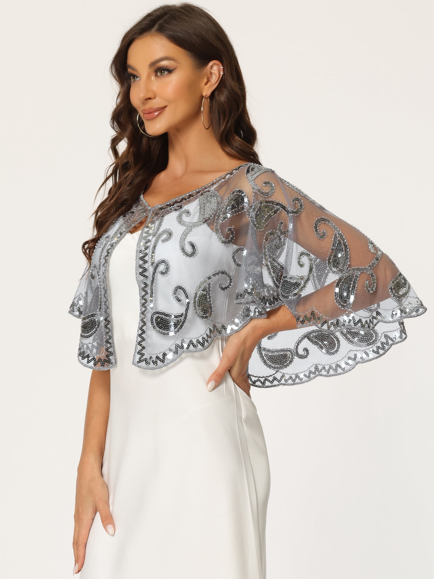 DARING DIVA  Women's Sequin Beaded Shawl Wraps Cape Bridal Shrugs Boleros M Gray