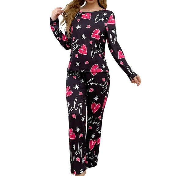 SJLDQY Valentines Women's Pajamas Set 2 Peice Pjs Set for Women Valentine's Day Love Heart Graphic Long Sleeve Pajama Tops Pants Soft Comfy Homewear Sleepwear Outfits