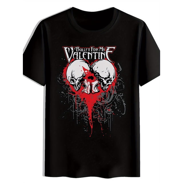 T-shirt Homme "Bullet for My Valentine" Cœur Rouge & Crâne Graphique Noir Manches Courtes Col Rond T-Shirt Décontracté avec Bordure Saint-Valentin