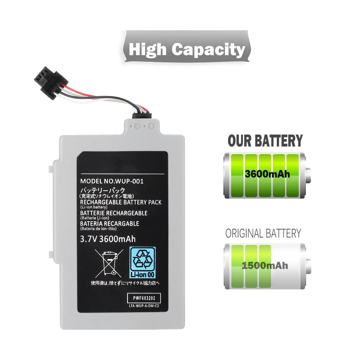 3600mAh 3.7V Replacement Rechargeable Battery for Nintendo Wii U Controller  Gamepad Extended + Tool 