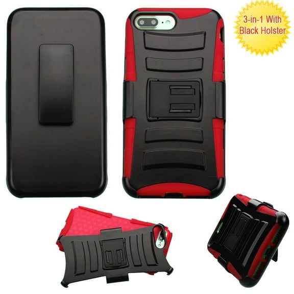 Advanced Armor Hybrid Kickstand Case with Holster for iPhone 8 Plus / 7 Plus - Black Red