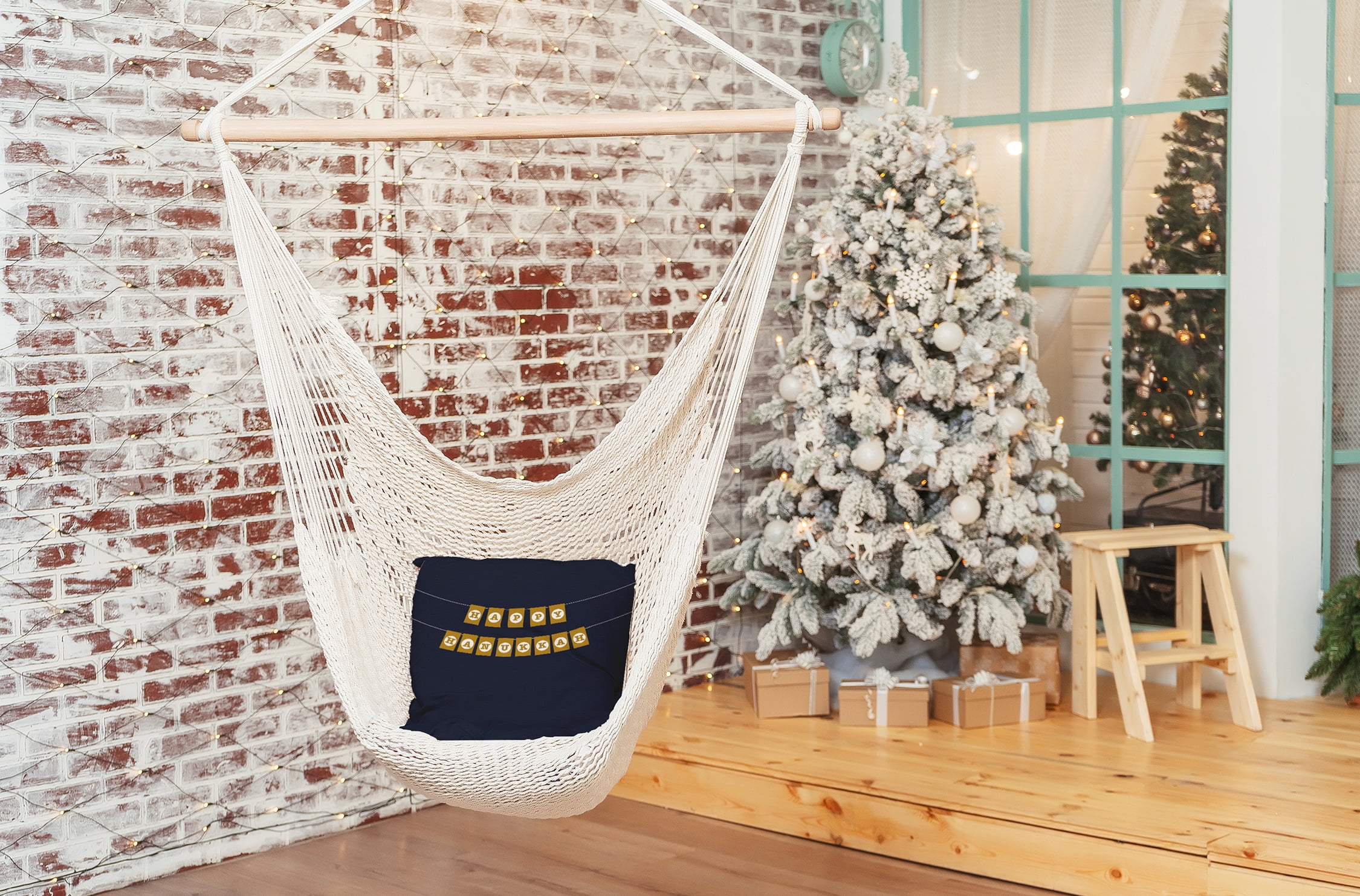 Simply Daisy Navy Colored Banner Day Hanukkah Soft Spun Polyester Indoor/Outdoor Throw Pillow, 16" x 16"