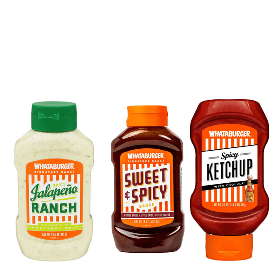 Whataburger Spicy Jalapeno Ranch, 14 oz Whataburger Sweet & Spicy Sauce, 16 oz Whataburger Spicy Ketchup with Cholula, 20 oz