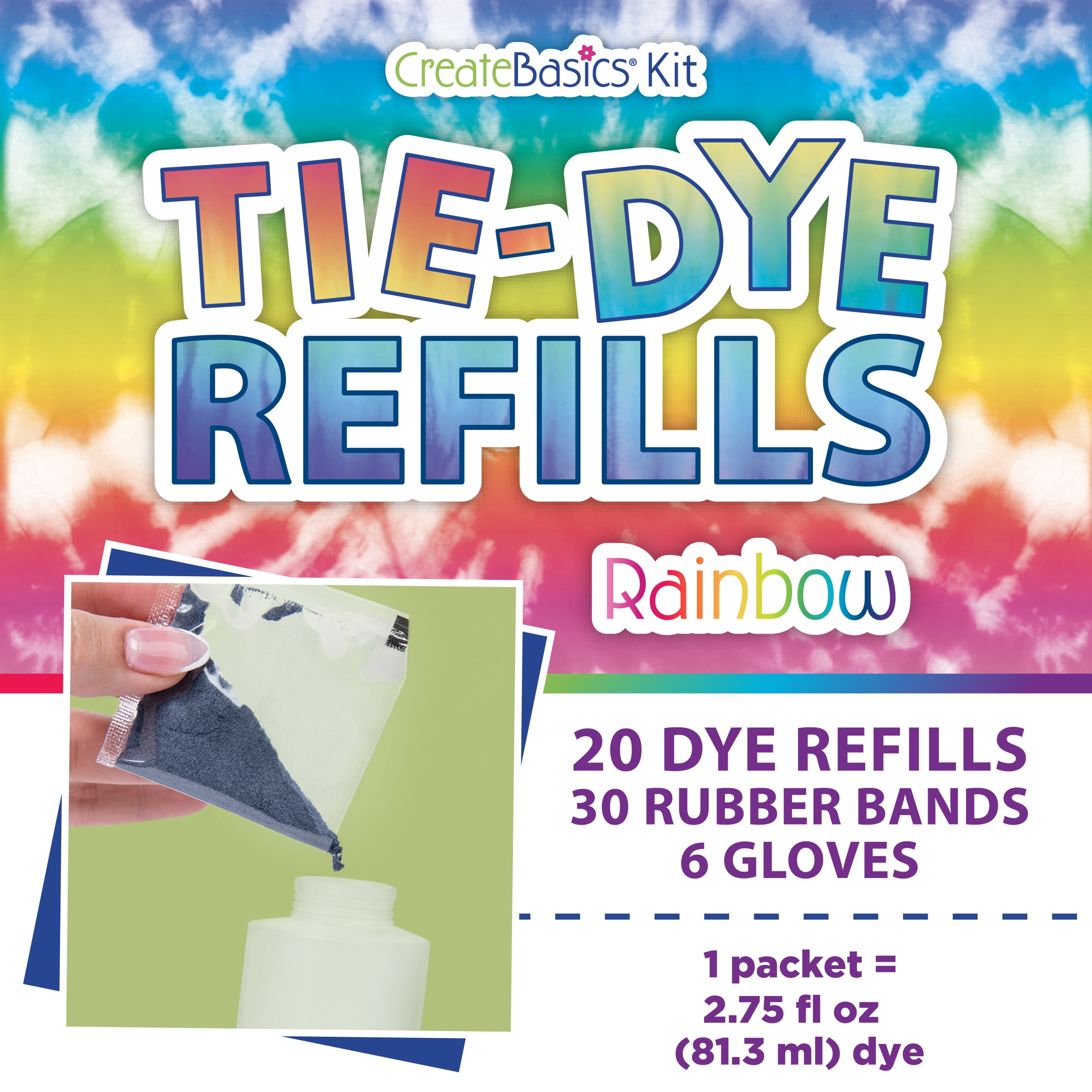 (4 pack) Create Basics Tie Dye Refill Kit 20PK Rainbow, Dye Powder, Rubber Bands, Gloves - New 56 Piece Set