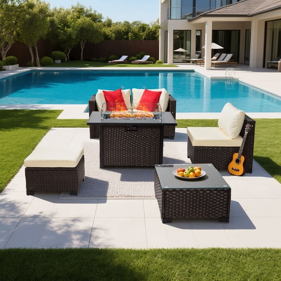 KFFKFF 6-Piece Outdoor Patio Furniture Set, Wicker Rattan Sectional Seating with 50000BTU Propane Fire Table, Cushioned Sofas, Coffee Table & Ottoman for Garden, Backyard, or Patio