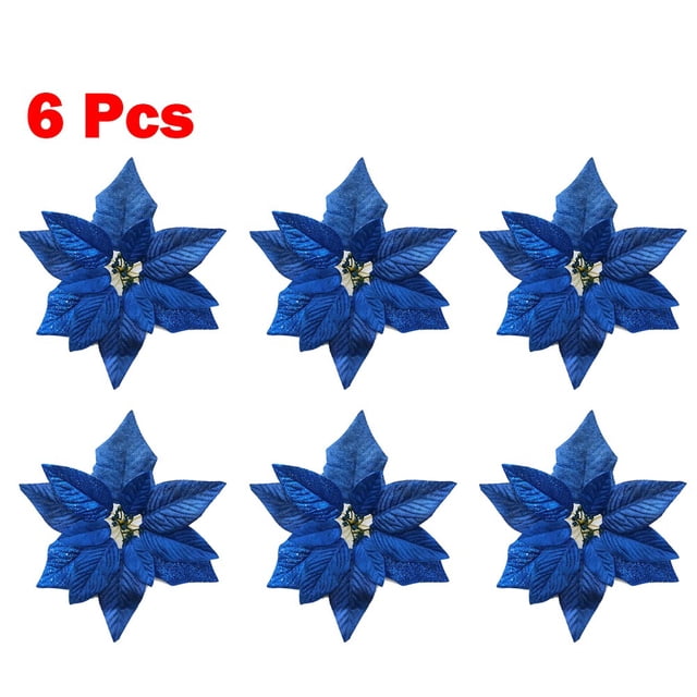 6Pcs Christmas Glitter Artificial Poinsettia Flowers Xmas Poinsettia Artificial Wedding Flowers Decorations Xmas Tree Ornaments for Party Favors, 10inch