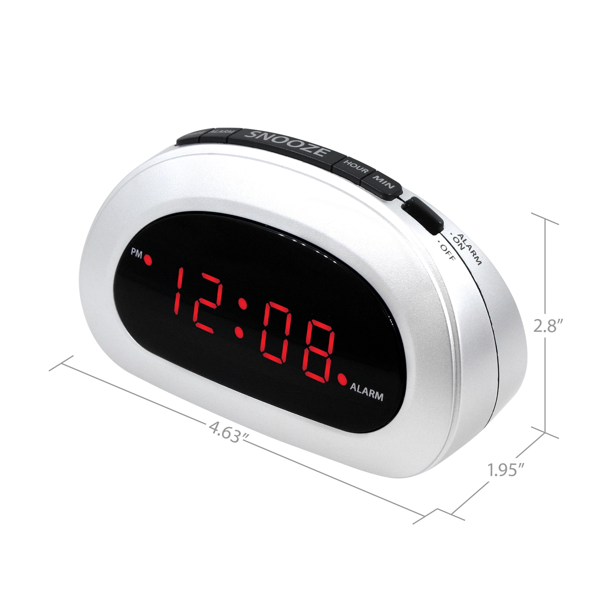 Mainstays Digital Alarm Clock with Snooze and Battery Backup, Easy to Use Top Button Controls, White Case with .6” Red Easy to Read LED Display, SPC089B