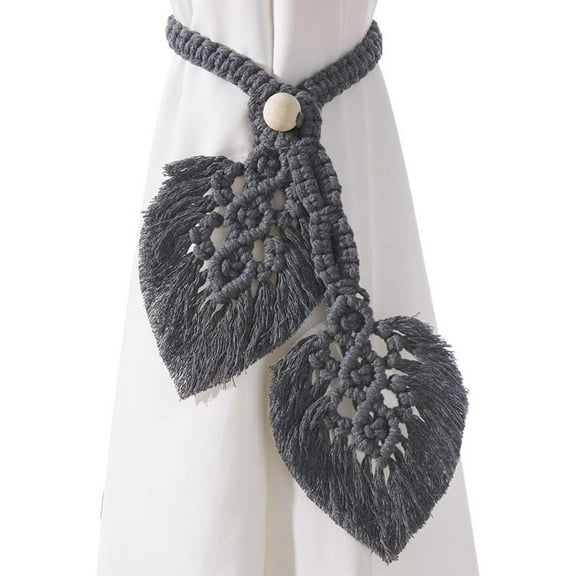 2 Pack Boho Curtain Tiebacks,Hand Knitting Cotton Curtain Holdbacks with Adjustable Natural Wooden Bead,Double Leaves Farmhouse Theme Curtain Tie Backs, for Indoor Outdoor Drapes Decorative,(Beige)