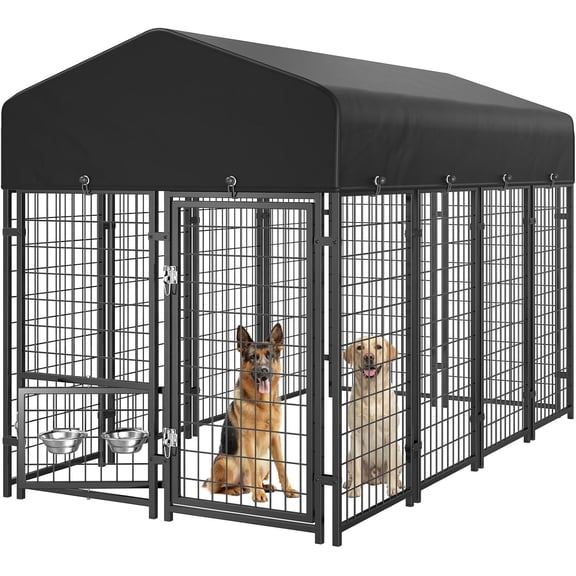 Dog Kennel Outdoor, 8x4x6FT Large Outside Dog Kennel with Roof, Heavy Duty Outdoor Kennel Dog Run Enclosure with 2 Rotating Bowls & Secure Lock for Large Dogs