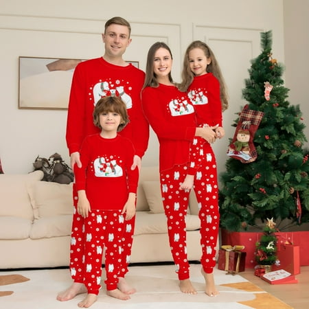 

LINMOUA Ladies Christmas Parent-Child Suit Round Neck Long Sleeve Plaid Christmas Homewear Suit Red