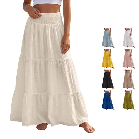 Wxolcjlv Women's Solid Tiered Maxi Skirt Smocked Waist Gathered Ruffle Layer Flared Silhouette Skirts